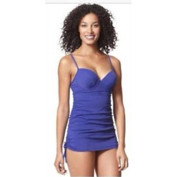 Spanx Assets Shirred Underwire Push up Power Swim Suit Dress in Blue Small - Picture 1 of 9
